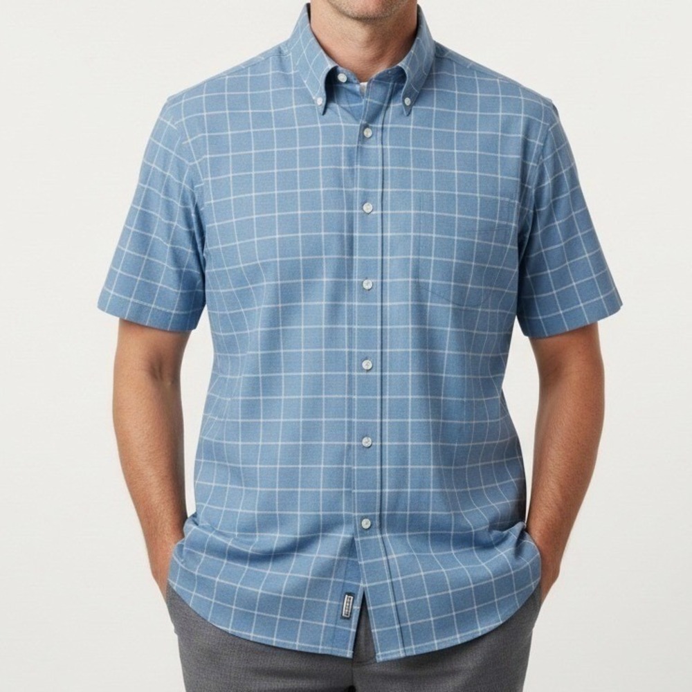 Lands' End Mens LT Tall Blue White Check Short Sleeve Button Down Shirt
